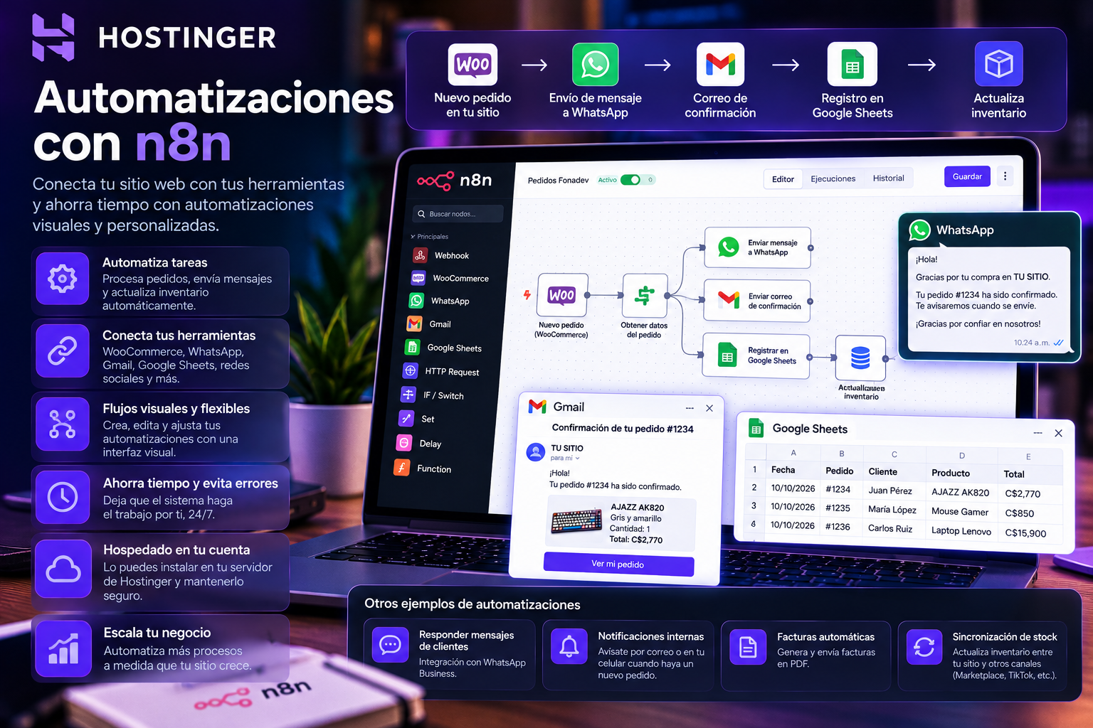 Ejemplo de flujo automatizado en n8n conectando pedidos, mensajes y hojas de cálculo