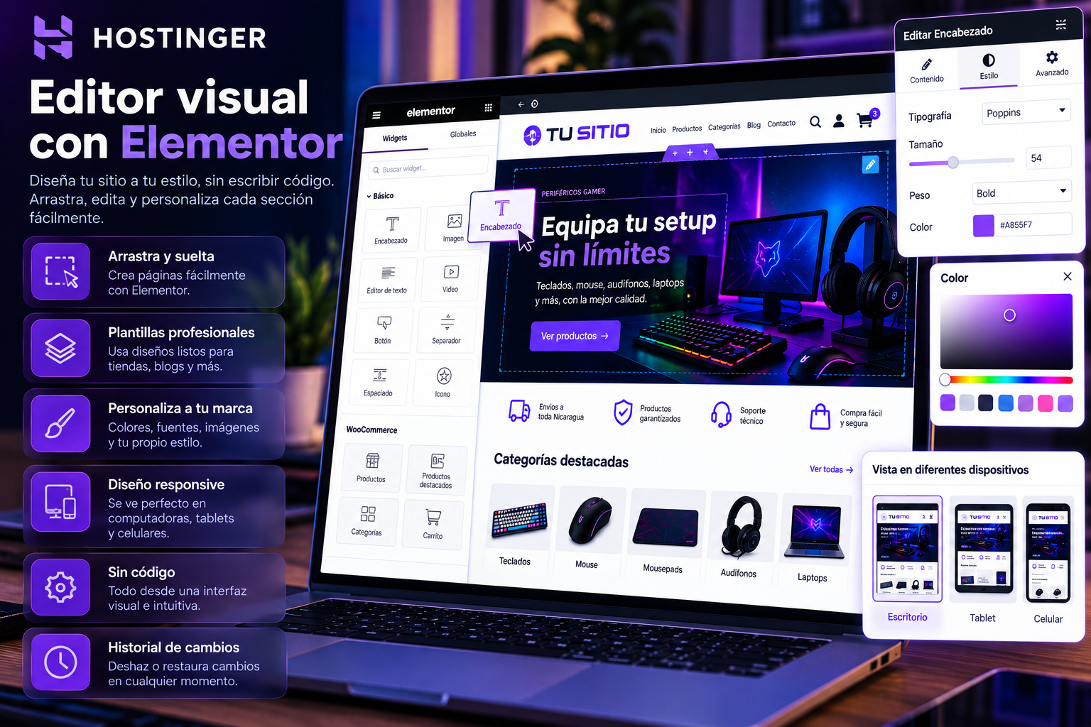 Ejemplo ilustrativo de edición visual de un sitio WordPress con Elementor