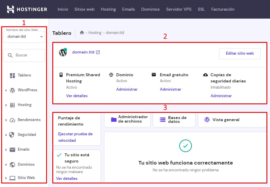 Captura del panel de control de Hostinger